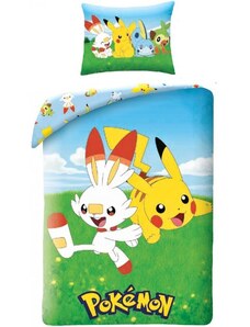 Halantex Bavlnené posteľné obliečky Pokémoni - motív Scorbunny a Pikachu - 100% bavlna - 70 x 90 cm + 140 x 200 cm