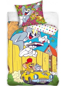 Carbotex Bavlnené posteľné obliečky Tom a Jerry v žltom kabriolete - 100% bavlna Renforcé - 70 x 90 cm + 140 x 200 cm