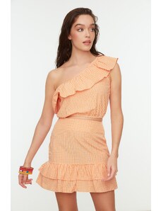 Trendyol Collection Oranžový vrchný oblek Gingham s volánom na jednom ramene