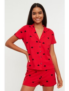 Trendyol Collection Červená 100 % bavlna so srdiečkovým vzorom Tričko-Šortky Pletené pyžamové súpravy