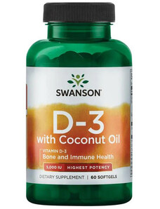 Swanson Vitamin D-3 with Coconut Oil 60 ks, gélové tablety, 5000 IU (125 mcg)