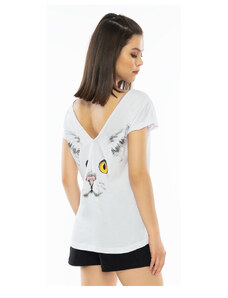 Vienetta Dámske pyžamo šortky Veľká mačka, farba bílá, 100% bavlna