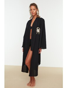 Trendyol Collection Black Belted Midi Woven Vyšívané 100% bavlnené Kimono & Kaftan