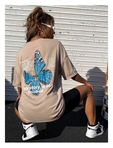 AFROGİYİM Oversize dámske béžovo modré tričko s potlačou motýľa na chrbte