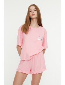 Trendyol Collection Ružové bavlnené tričko s potlačou-šortky Pletené pyžamové súpravy