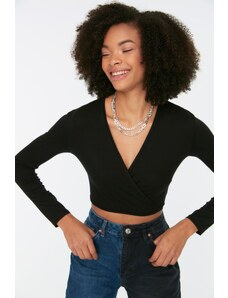 Trendyol Black Double Breasted Neck Fitted/Situated Crop Stretch Knitted Blouse