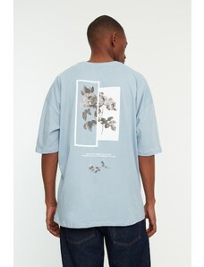 Trendyol Collection Modré oversize/široký strih s krátkym rukávom, kvetinovým potlačou, tričko zo 100 % bavlny