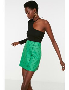 Trendyol Collection Zelená mini tkaná dvojradová sukňa s kvetinovým vzorom