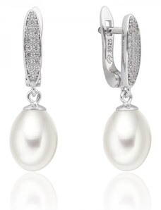Gaura Pearls Stříbrné náušnice s bílou perlou a zirkony Linda, stříbro 925/1000