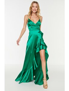Trendyol Collection Smaragdovo zelené dlhé večerné saténové šaty v páse s otváraním/Skater tkané