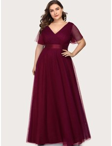 venusamoda (veľ. 52) Dlhé šaty s plisovaným živôtikom vínovočervené