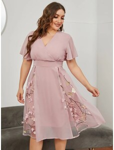 venusamoda (veľ. 46) Šifónové šaty s výšivkou čerešňových kvetov ružové