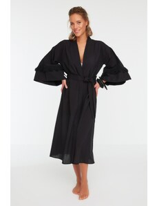 Trendyol Collection Black Belted Maxi Woven Tasseled 100% Bavlna Kimono&Kaftan