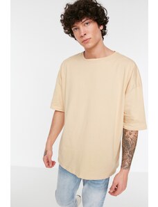 Trendyol Collection Béžové tričko Basic zo 100 % bavlny Crew Neck Oversize/Wide Fit Tričko s krátkym rukávom