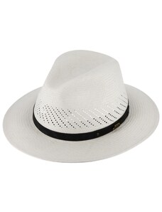 Fiebig - Headwear since 1903 Letný biely slamený klobúk Fedora - ručne pletený - s koženou stuhou - Ekvádorská panama