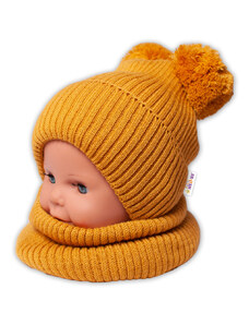 BABY NELLYS Zimná pletená čiapka + nákrčník - horčicová s brmbolcami