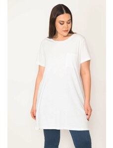 Şans Women's Plus Size White Cotton Fabric Peto Pocket Tunic