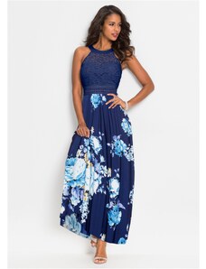 bonprix Maxi šaty s kvetovanou potlačou a čipkou, farba modrá, rozm. 34