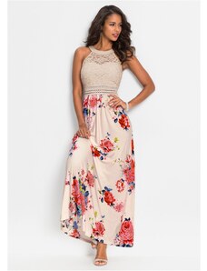 bonprix Maxi šaty s kvetovanou potlačou a čipkou, farba béžová
