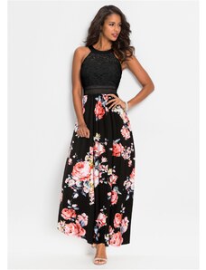 bonprix Maxi šaty s kvetovanou potlačou a čipkou, farba čierna