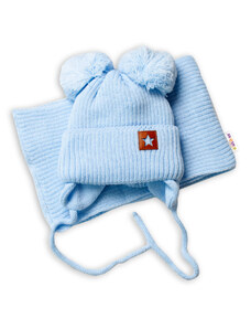 BABY NELLYS Zimná čiapka s šálom STAR - modrá s brmbolcami