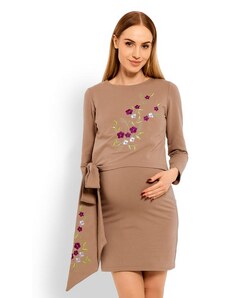 PreMamku Cappuccinové tehotenské a dojčiace šaty s vyšívanými kvetmi a mašľou