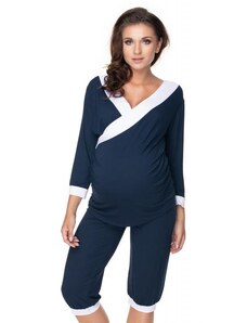 PreMamku Tehotenské a dojčiace pyžamo s 3/4 nohavicami s brušným panelom a tričkom s 3/4 rukávom s výstrihom - tmavomodré/biele