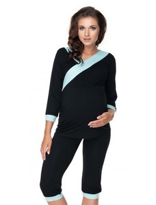 PreMamku Tehotenské a dojčiace pyžamo s 3/4 nohavicami s brušným panelom a tričkom s 3/4 rukávom s výstrihom - čierne/svetlomodré
