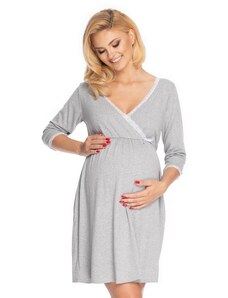 PreMamku Svetlosivá tehotenská a dojčiaca nočná košeľa s 3/4 rukávom a ozdobnou čipkou