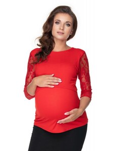 PreMamku Tehotenská a dojčiaca blúzka s dlhým rukávom s čipkou v červenej farbe