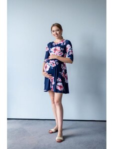 PreMamku Modré kvetinové šaty pre tehotné a dojčiace ženy s 3/4 rukávmi