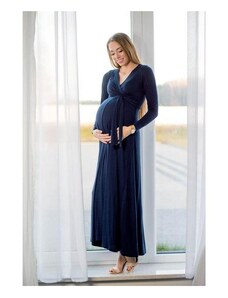 PreMamku Dlhé tmavomodré elegantné tehotenské šaty s mašľou