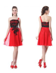 Ever Pretty červené krátke spoločenské šaty s černou krajkou na jedno ramínko Silva