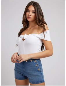 White Women Ribbed Cropped T-Shirt with Bow Guess Valeriana - Women