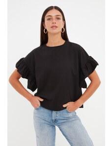 Trendyol Collection Čierny volánik zo 100 % bavlny Podrobné základné pletené tričko s výstrihom