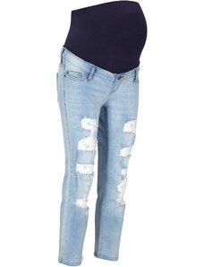 bonprix Skrátené materské džínsy so zničenými efektami, farba modrá, rozm. 34