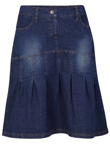 bonprix Džínsová sukňa so záhybmi a pohodlným pásom, A strih, farba modrá, rozm. 38