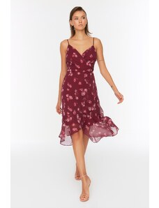Trendyol Collection Slivkové dvojradové midi tkané lemované volánikové šaty s kvetinovým vzorom
