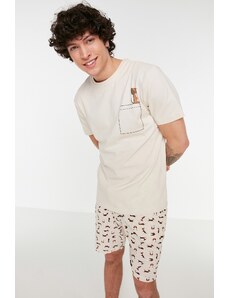 Trendyol Collection Pletené šortky pyžamá so vzorom pre psa v béžovom strihu