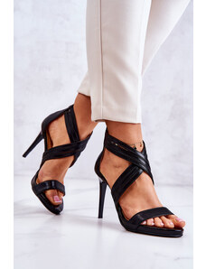 Lewski Shoes Čierne dámske kožené sandále so zipsom na lievikovom podpätku