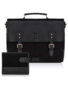 PAOLO PERUZZI Pánsky set-kožená taška a peňaženka | čierna ZUP-07-BL