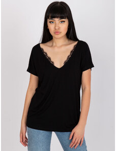 BASIC FEEL GOOD Čierne dámske tričko s výstrihom s čipkou RV-TS-7665.91-black