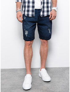 Ombre Clothing Pánske džínsové krátke šortky s otvormi - tmavomodré V3 OM-SRDS-0114