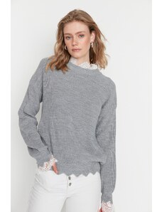 Trendyol Collection Šedý čipkovaný tylový úpletový sveter