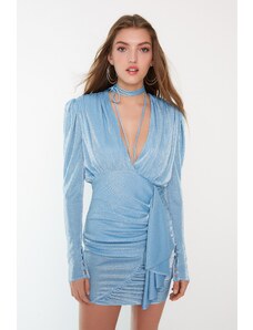 Trendyol Collection X Sagaza Studio Light Blue Neck Coming Detailed Slave Dress