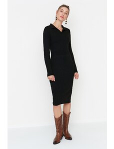 Trendyol Collection Čierne čierne Midi úpletové šaty Polo s výstrihom Šaty