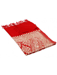 Pranita Kašmírsky vlnený šál vyšívaný hodvábom Norbu tmavočervený so zlatou farbou