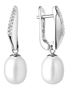 Gaura Pearls Stříbrné náušnice s bílou perlou a zirkony Pamela, stříbro 925/1000
