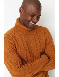 Trendyol Collection Pletený sveter Camel Slim Fit Rolák do vlasov