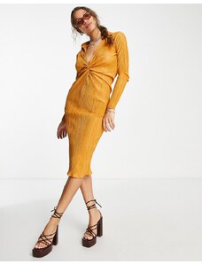 Missyempire exclusive plisse wrap front long sleeve midi dress in camel-Neutral